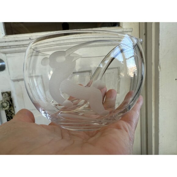 Vintage MCM Orrefors Clear Glass Condiment/Jam Bow/.spoon Etched Impala/Gazelle - Picture 4 of 10